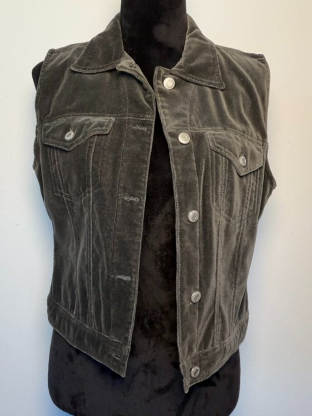 Vintage GAP Velvet Vest M Olive Green Trucker Jean Jacket Style Snap Button
